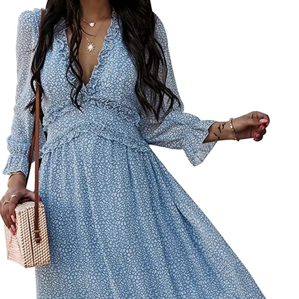 NWOT Baby Blue & White Ruffled V-Neck Midi Dress